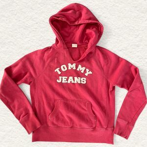Vintage Tommy Hilfiger Red/Coral Hoodie White Logo — Size Medium